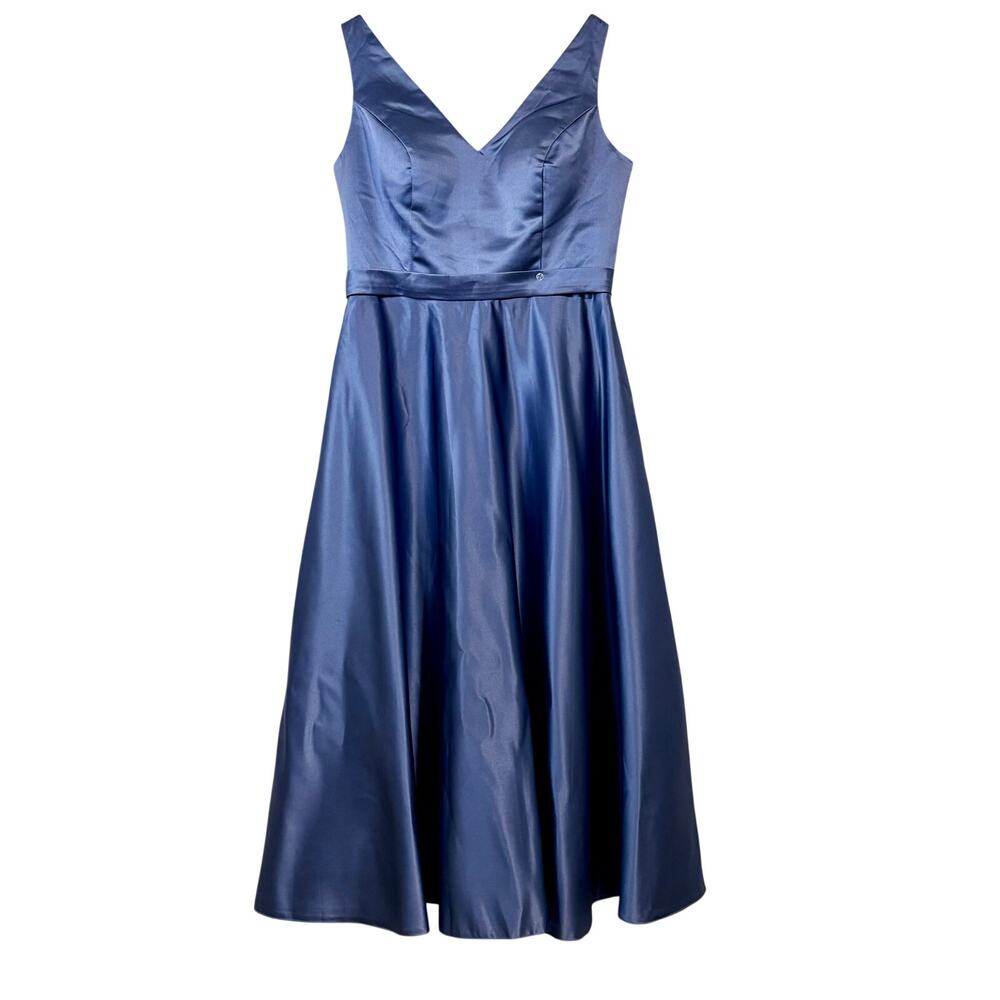 Miss Veil Satin Tea Length Dress Double V Neck Bow Detail Pockets NWT Blue Small